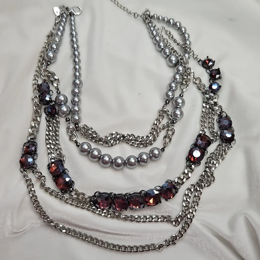 RSVP Brand Multi Strand Drape Necklace Silver Gray Beads Chain Crystals NWOT